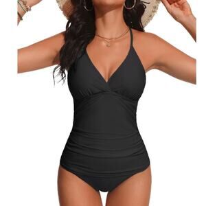 Holipick Women 2 Piece Swimsuit 22 Black Tummy Control V-Neck Strappy Tankini NW